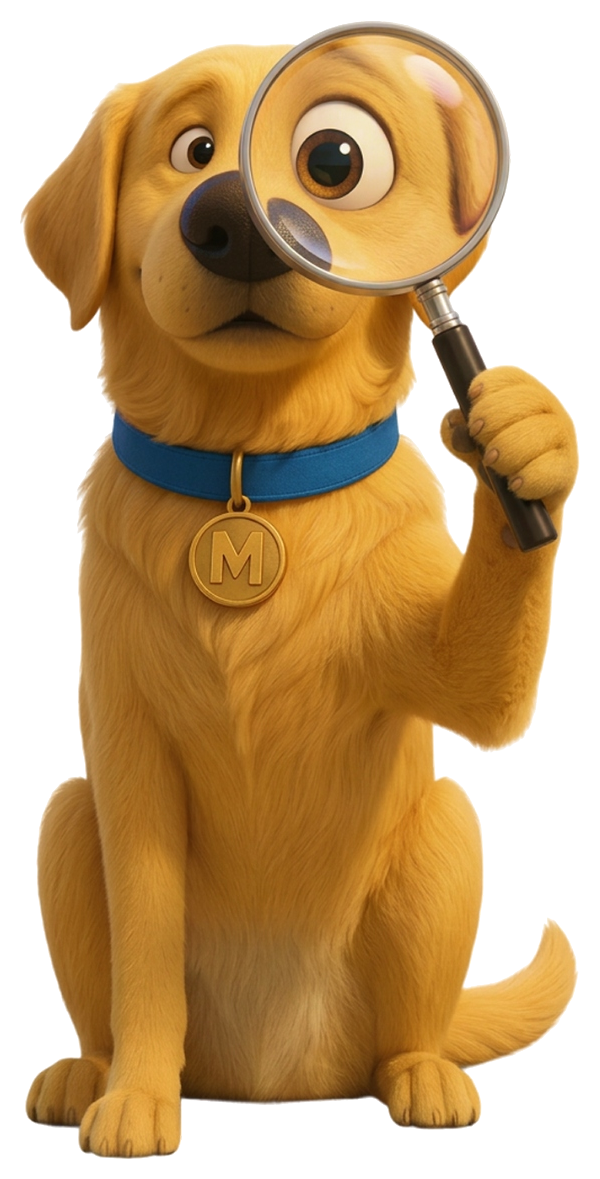 Max the golden retriever holding a magnifying glass